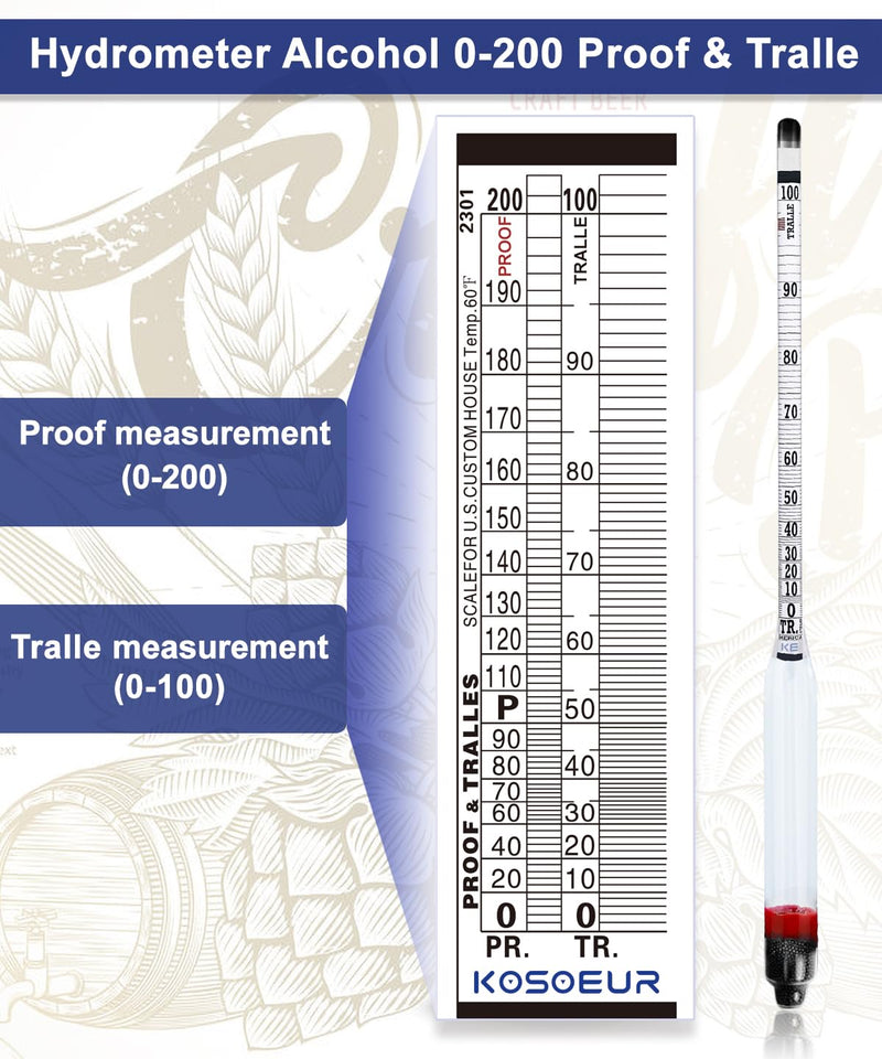 [Australia - AusPower] - Hydrometer Alcohol Meter Kit, Hydrometer Alcohol 0-200 Proof and Tralle, Alcohol Tester for Liquor, Alcohol Hydrometer for Moonshine, Liquor, Spirits, Proofing, Distilling, with Hydrometer Test Jar 