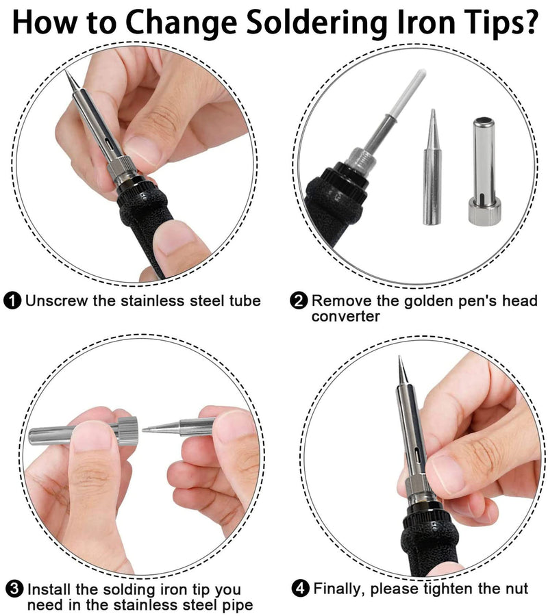 Soldering Iron Set, 60 W Soldering Iron Soldering Set with On/Off Switch 200-450 °C, Adjustable Temperature Button, 5 Soldering Tips, Curved Tweezers, Soldering Wire, Iron Stand with Sponge, Pro Electrical Engineering Repairs