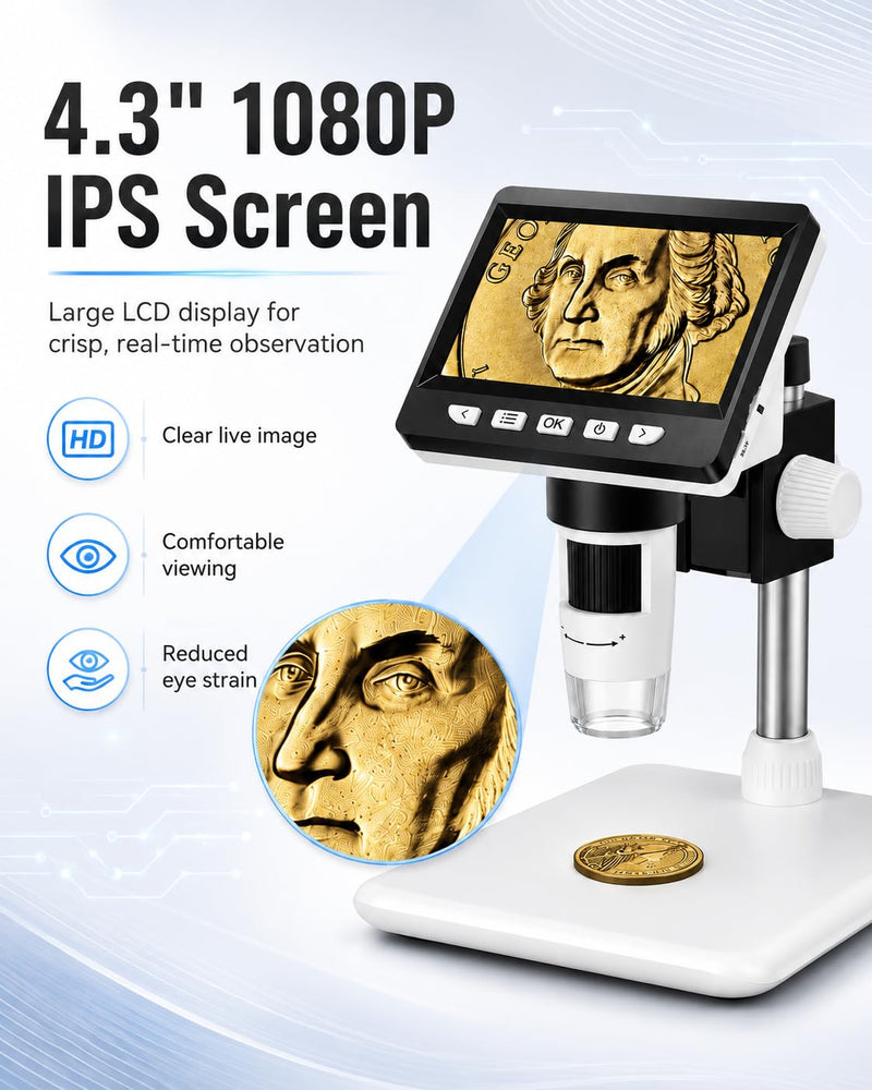 AOPICK Microscope Mobile Phone, LCD Digital Microscope 50X-500X Resolution, 4.3 Inch 1080P USB Microscope with 8 Adjustable LED Lights, PC View, for Adults / Children, Compatible with MacOS Windows White Small