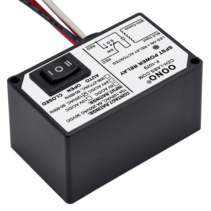 AC120V Power Relay Module SPSP-NO + Override Switch, 10Amp 125VAC, 6A 250VAC/30Vdc, Plastic Enclosure and Pre-Wired AC 120V