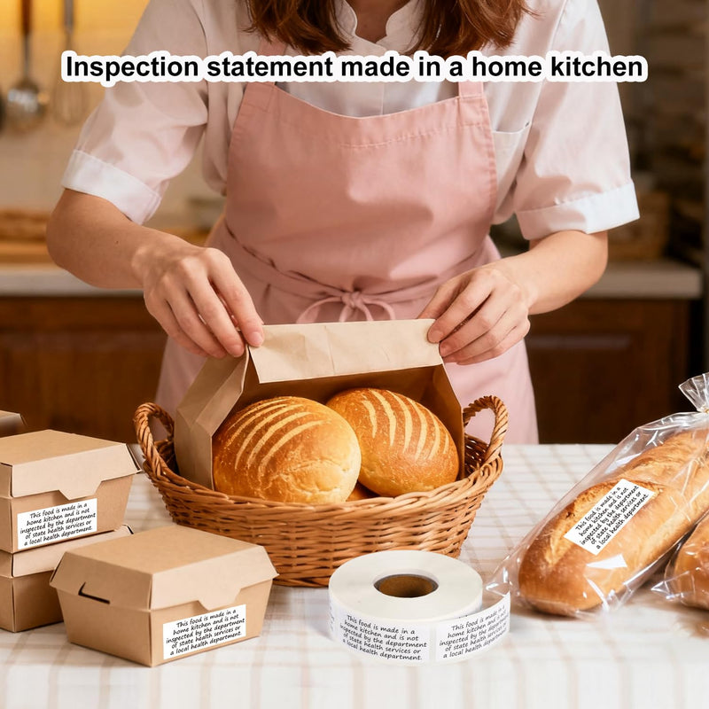 500pcs Cottage Food Law Labels Stickers, 2x1in Square Thermal Printed Adhesive Baked Bread Jam Jar Labels Made in Home Kitchen Baking Inspection Statement for Homemade Bakery Food Packaging