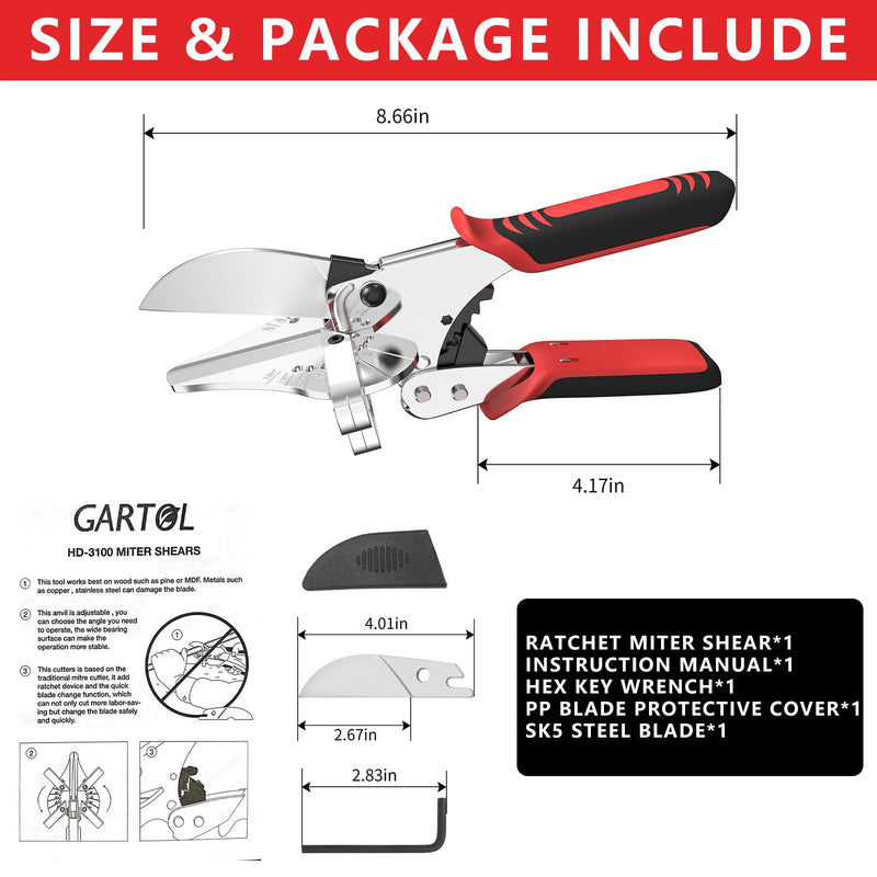 [Australia - AusPower] - GARTOL Ratchet Miter Shears for Angular Cutting Molding Crafting,Adjust 45-135 Degree Multi-Angle Cutter for Soft Wood, PVC, MDF (HD-3100 US, Classic, 1, HD-3100 US) 
