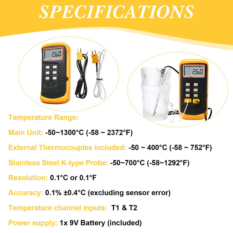 [Australia - AusPower] - 2 Pcs Digital 2 Channels K Type Thermometer with 8 Thermocouples (Wire and Stainless Steel) -50 to 1300°C (-58 to 2372°F) Dual Measurement Meter Sensor HVAC Thermometer High Temperature Pyrometer 