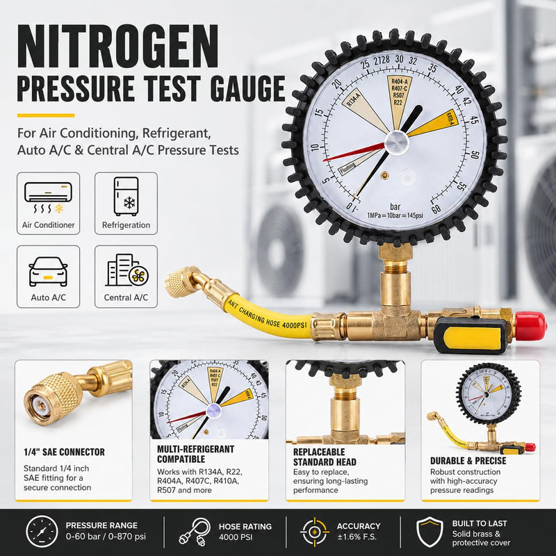 Pressure Gauge SAE 1/4, -1 to 60 Bar | For air conditioners R134a, R22, R407C, R410A, R404A, R507, R422D, R32