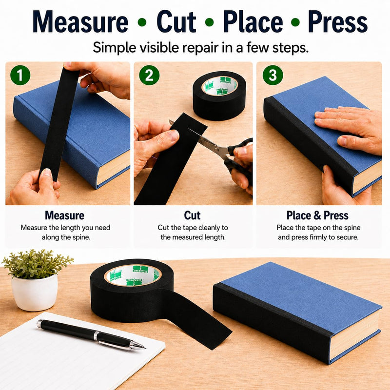 BookGuard 1 Inch Black Book Binding Tape, 15 Yard Book Repair Cloth Tape, Self-Adhesive Bookbinding Tape for Spines, Hinges, Covers, Bibles, Hymnals, Libraries and Schools 1" Wide