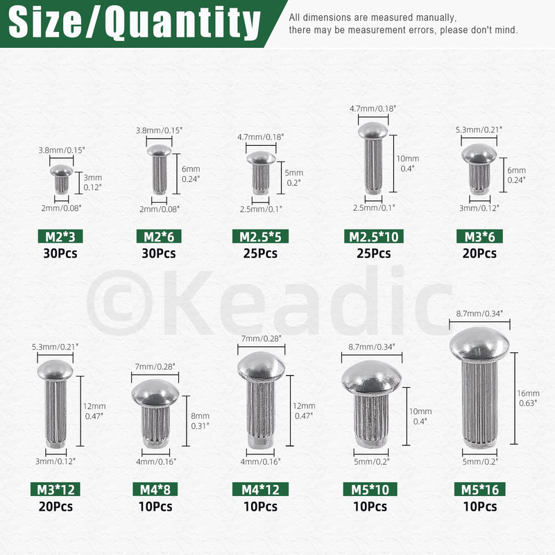 [Australia - AusPower] - Keadic 190Pcs M2 M2.5 M3 M4 M5 304 Stainless Steel Brazier Head Solid Rivet Set, 3mm 5mm 6mm 8mm 10mm 12mm 16mm Solid Rivet Fasteners for Repairing Boats Furniture Automotive 