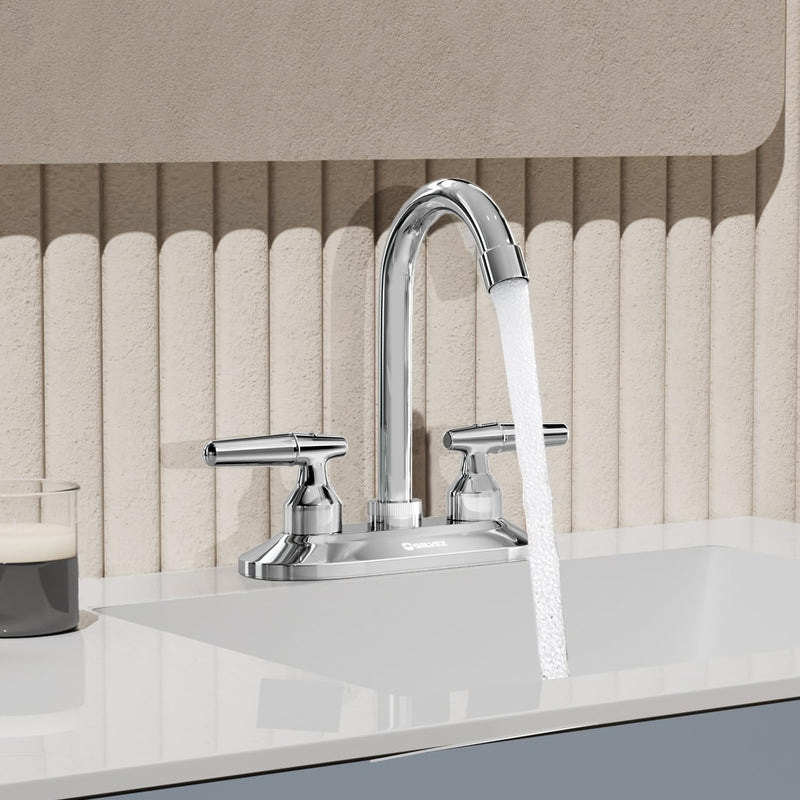 SOLVEX 2 Handle Bathroom Faucet 4 Inch Centerset Bathroom Sink Faucet,3 Hole Bathroom Faucet Chrome,Bathroom Basin Faucet with Deck Mounted Lever Handle,SP-40046 Silver
