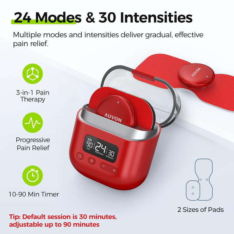 AUVON Wireless 24 Modes TENS Unit Muscle Stimulator for Pain Relief, Smart Rechargeable TENS Machine with Dual Size 6 TENS Pads for Physical Therapy, Pocket-Size TENS Device for Shoulder & Back Pain Red