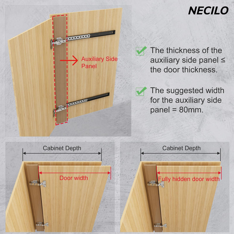 NECILO Cabinet Pocket Door Slides 20 Inch, Sliding Cabinet Pocket Door Hardware, Full Extension Ball Bearing, Space Saving Top/Side Mount for Cabinet Doors Wardrobes Closet Pantry, 1 Pair