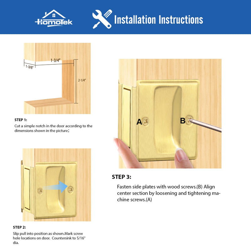 HOMOTEK 4 Pack Privacy Pocket Door Pull Without Switch Plate - Replace Old Or Damaged Passage Sliding Hardware No Lock Quickly and Easily, 2-3/4”x2-1/2”, for 1-3/8” Thickness Door, Brushed Brass No Lock-Brushed Brass