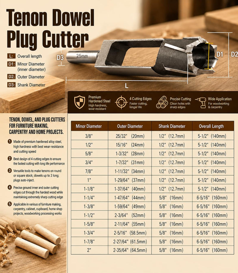 Wood Tenon Dowel Plug Cutter 1-7/8 Inch Tenon Cutter Plug Maker Woodworking Drill Bit 1-7/8"