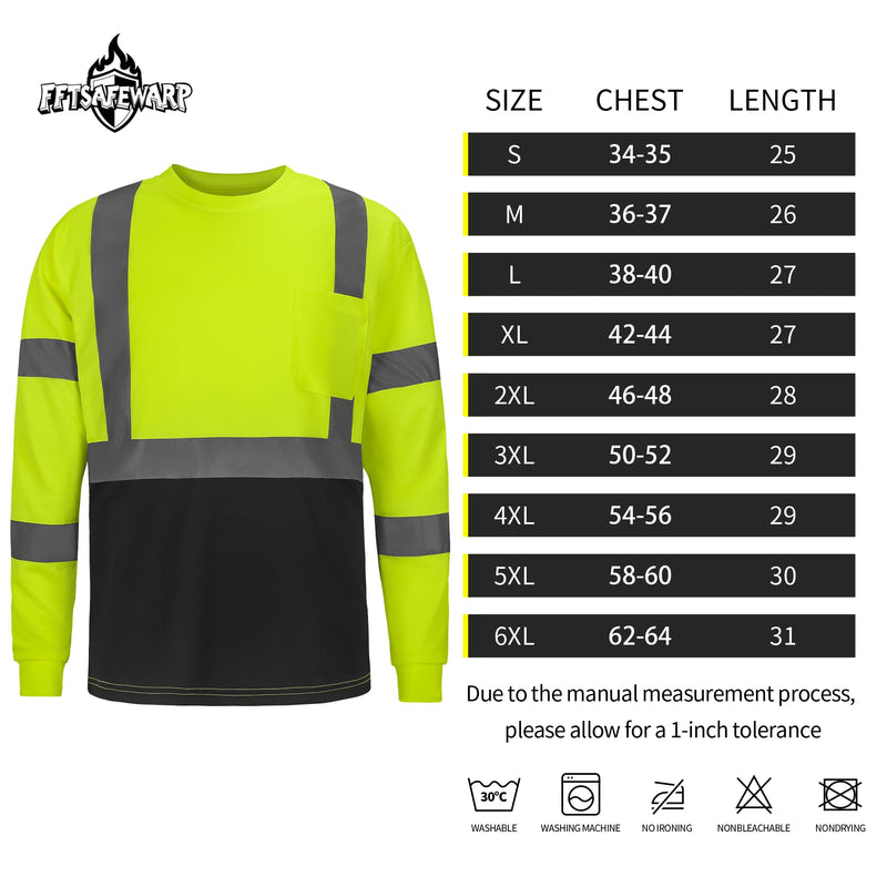 Hi Vis Safety Shirts for Men, High Visibility Long Sleeve Class 3 Reflective Construction Shirts 6X-Large Black Bottom Lime