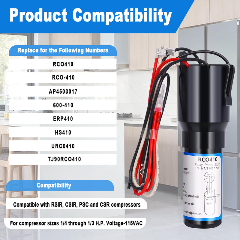 RCO410 3 in 1 Compressor Hard Start Capacitor Kit for Refrigerators & Freezers 1/4-1/3 H.P. 115VAC (3 pcs) RCO410