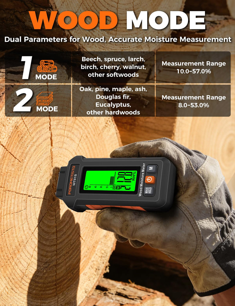 [Australia - AusPower] - 5 in 1 Moisture Meter, POROMETISTO 5 Modes Wood Moisture Meter with Three-Color Backlight, Data Hold & Max Measurement, Ideal for Wood (Oak/Pine/Walnut) and Building Materials 
