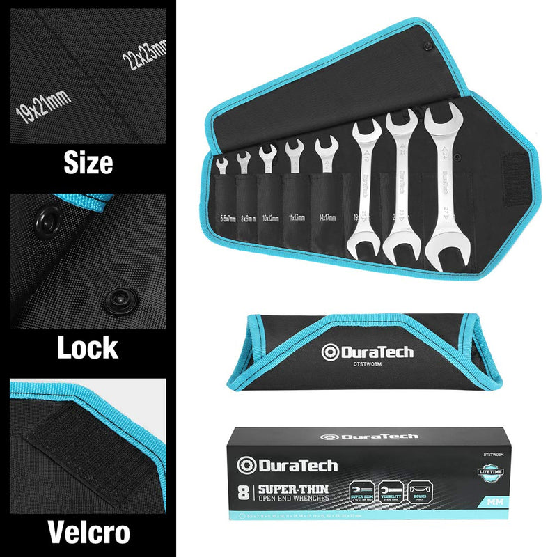 [Australia - AusPower] - DURATECH Super-Thin Open End Wrench Set, Metric, 8-Piece, Including 5.5, 7, 8, 9, 10, 11, 12, 13, 14, 17, 19, 21, 22, 23, 24, 27 mm, Slim Spanner Set with Rolling Pouch Silver 