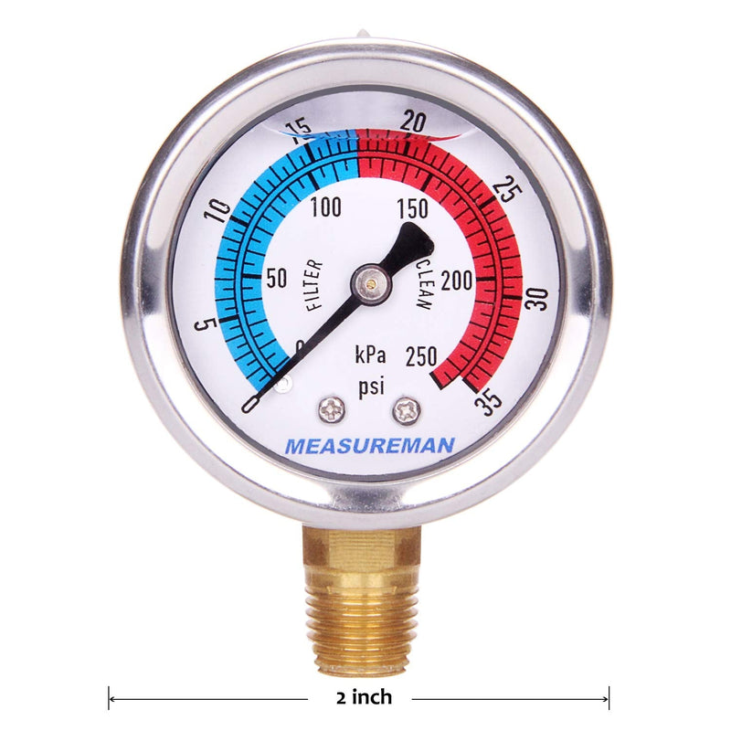 [Australia - AusPower] - MEASUREMAN 2" Dial Size, Glycerin Filled Pool Filter Pressure Gauge, 304 Stainless Steel Case, 0-35psi/250kpa, 1/4" NPT Lower Mount 0-35psi/250kpa(1/4" NPT Lower Mount) 