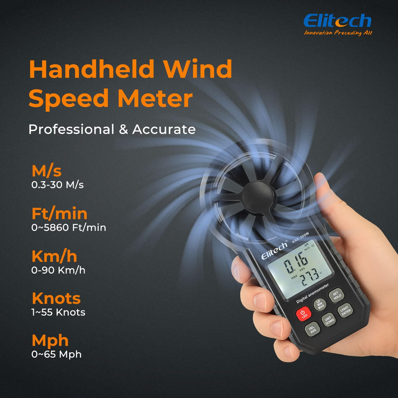 Elitech Bluetooth Wind Gauge, Digital Anemometer Wind Speed Measurement Temperature, CFM/CMM Air Flow Measurement for HVAC & Environmental Testing ANE-200W