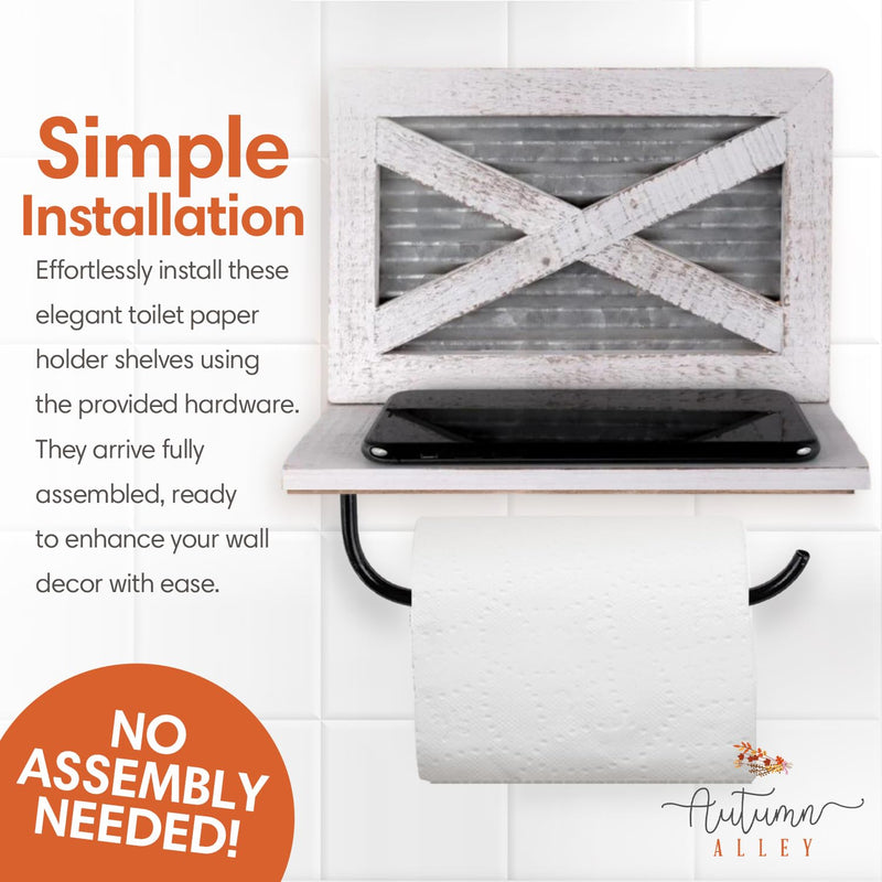 Autumn Alley White Farmhouse Toilet Paper Holder with Shelf for Wipes - Wooden Farmhouse Bathroom Decor - Shabby Chic Bathroom Accessories and Western Bathroom Decor Wall Mounted, White Wood No bracket