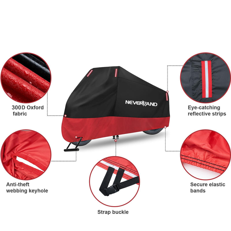 [Australia - AusPower] - NEVERLAND Motorcycle Cover Waterproof Outdoor, 300D Motorcycle Cover Heavy Duty Outdoor All Season Protection, Universal Motorbike Cover with Night Reflective, Lock-Holes, Storage Bag (Up to 86") L 