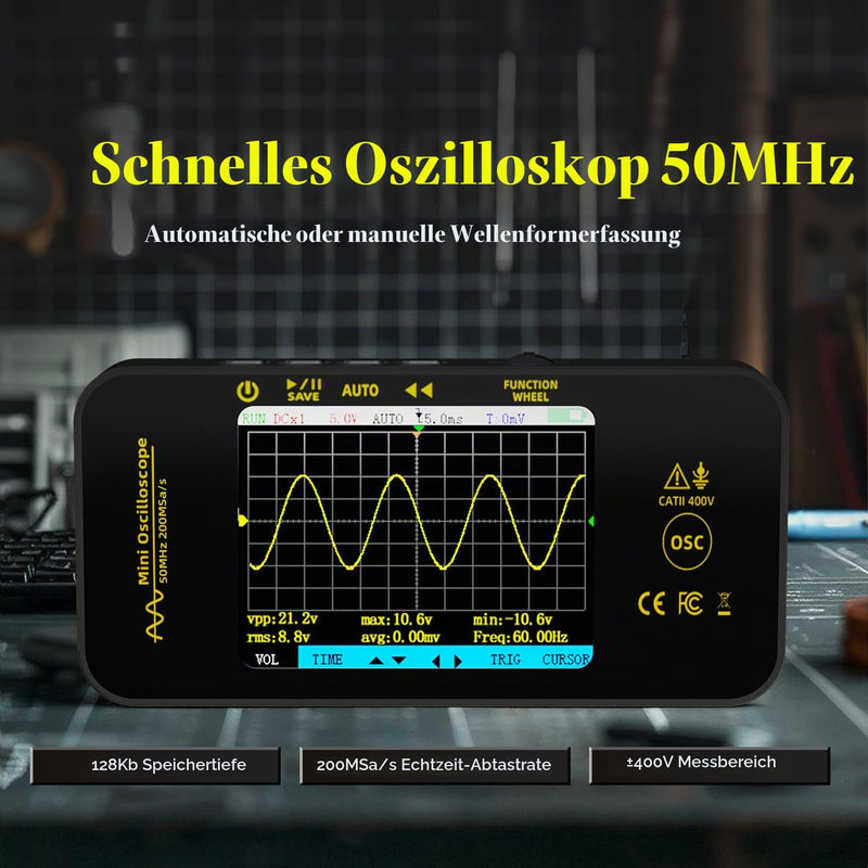 BSIDE OT5 Handheld Digital Oscilloscope Small Mini 50 MHz Bandwidth 200 MSa/s Sampling Portable Oscilloscope Rechargeable Ultra Slim with 3.2 Inch Full View Colour LCD for Car Audio Electronics