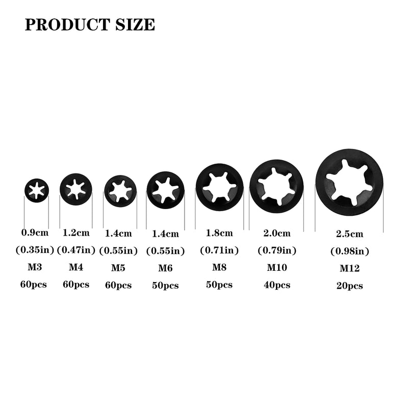 [Australia - AusPower] - 340 Pcs Internal Tooth Starlock Locking Washers, Push On Speed Clips Fasteners Washers Assortment Kit, Quick Speed 65Mn Black Clips Lock Washers - M3, M4/M5/M6/M8/M10/M12 