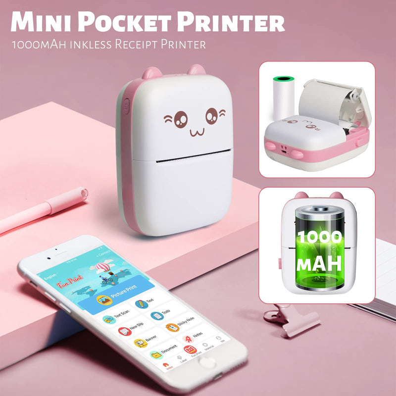 [Australia - AusPower] - Mini Pocket Printer, Gifts for kids, Portable Thermal Printer for Pictures/Retro-Style Photos/Receipts/Notes/Lists/Label/ Memo/QR Codes, Bluetooth Wireless Smart Printer with Android or iOS APP (PINK) pink 