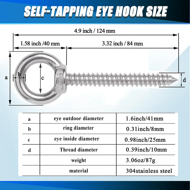 [Australia - AusPower] - OHIYO 5 Inch Heavy Duty Eye Hooks M10 Self Tapping Eyelet Screw Load Capacity 700LBS Heavy Duty Screw in Eye Hooks for Hammock Stand, Swing Chair, Yoga, Heavy Indoor & Outdoor Uses (4Pack- M10) 
