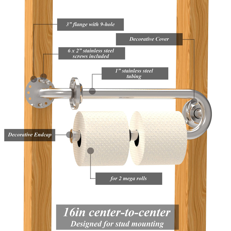 Grab Bar with Integrated Toilet Paper Holder for 2 Mega Rolls (Kitchen Paper Towel Holder or Bathroom Towel Bar), 16in Stud Mount, 250lbs Weight Support, Rustproof (Right, Brushed Nickel) Right