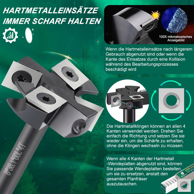 [Australia - AusPower] - BALUGAEA 8mm Shank Face Router Bit - 38.1mm Cutting Diameter - Equipped with 4 Interchangeable Carbide Blades 12 x 12mm / 0.47" x 0.47" / 38.1mm Cutting Diameter - Equipped with 4 Interchangeable 4Z Fräser S=8mm D=38.1mm L=60mm 