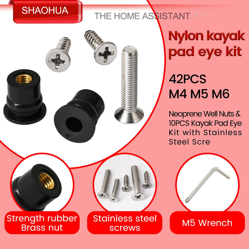 [Australia - AusPower] - 52 Pairs M4 M5 M6 Neoprene Well Nuts and Kayak Pad Eye Kit w/Screw, Kayak Bolts Well Nut Kit for Kayak Motorcycle Boat, Nylon Bungee Deck Loops Tie Down Eye for Securing Elastic Ropes Paddles Nets 