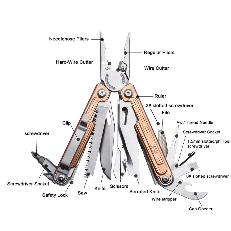 SQT2048-C 20-in-1 Multitool Pliers, Stainless Steel Multi Tool with Safety Lock, Pocket Clip, Foldable EDC Tool for Outdoor Camping Hiking Fishing Repair,Gift for Men, Rose Gold SQT2048-C