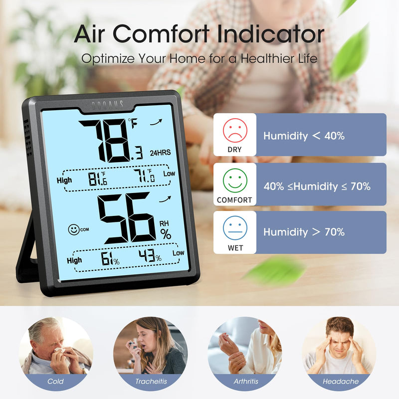 DOQAUS Digital Hygrometer Room Thermometer Indoor, Humidity Meter with Large LCD Display, Backlight Temperature Humidity Monitor with Max Min Records, Black Black with Backlit