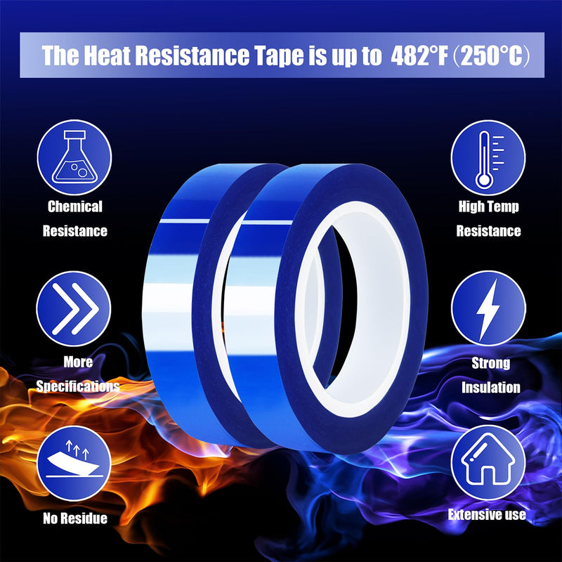 2 Rolls 10mm x16m(52FT) Blue Heat Tape High Temperature Heat Resistant Tape Heat Transfer Tape for Heat Sublimation Press Vinyl,No Residue