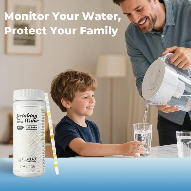 TESPERT Drinking Water Test Strips 125ct 16 in 1 – 30s Quick Screening for Hardness, pH, Iron, Nitrite, Copper, Chlorine, Nitrite, Carbonate,Lead, Alkalinity...Well, Tap, Home, City Water Testing 16 in 1 Drinking Water Testing Kit