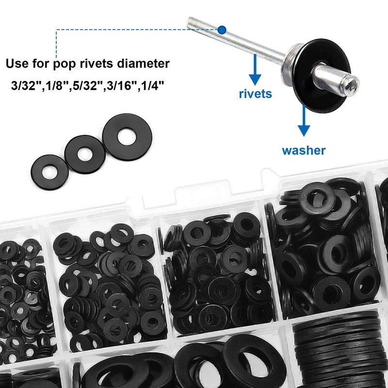 [Australia - AusPower] - 375PCS Black Pop rivet washers assortment kit for Black Pop Rivets Diameter 3/32",1/8",5/32",3/16", 1/4" 304 Stainless Steel pop Rivet Washer Aluminum pop rivet washers Blind rivet washer 3/32",1/8",5/32",3/16", 1/4" 