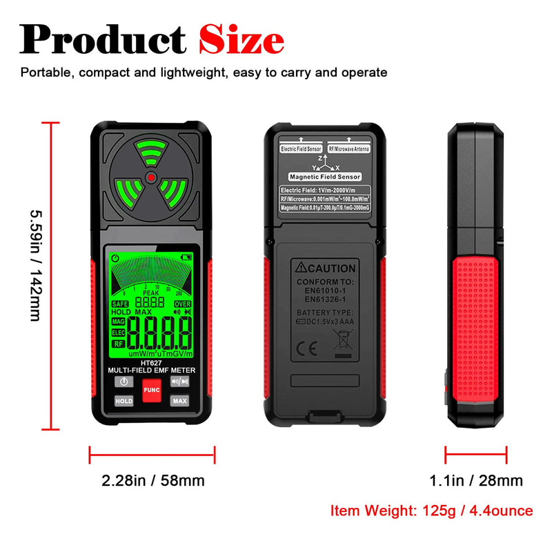[Australia - AusPower] - EMF Meter, 3-in-1 Portable Electromagnetic Field Radiation Detector Handheld EMF Tester for EF, RF, MF, WiFi Signal, Radio Frequency Detector Suitable for Home Office EMF Inspections Ghost Hunting 