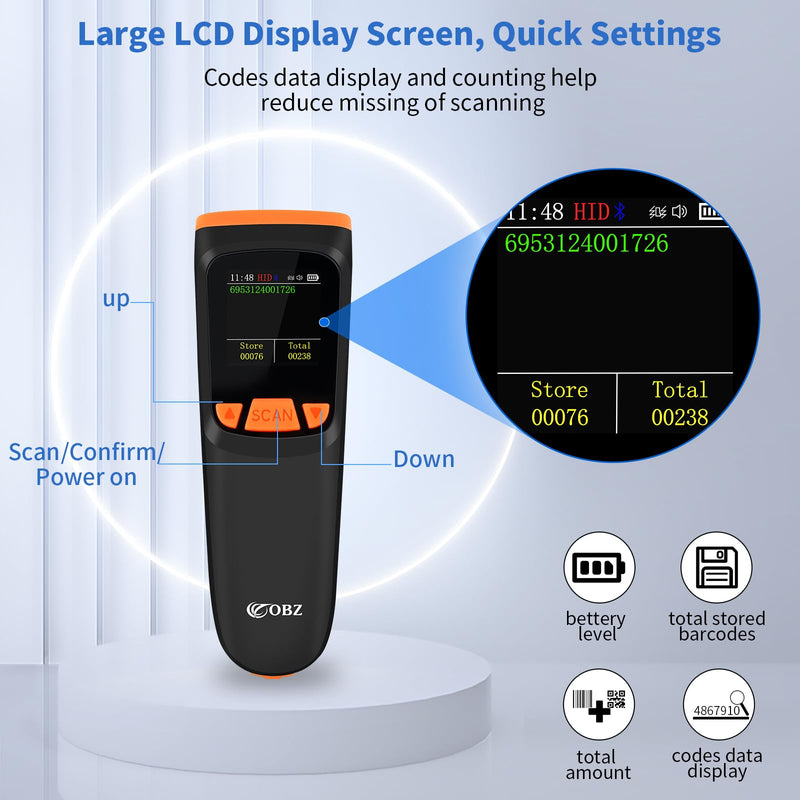 [Australia - AusPower] - OBZ Mini 2D Bluetooth Barcode Scanner with LCD Screen Display, 3-in-1 Bluetooth & USB Wired & 2.4G Wireless Bar Code Scanner Portable QR Code Scanner for Tablet iPhone MacOS Android iOS Windows PC POS M82-NEW 