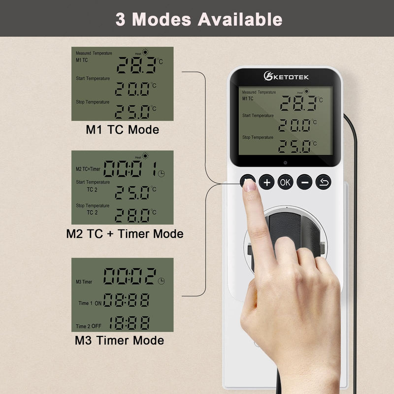 [Australia - AusPower] - KETOTEK Digital Day/Night Temperature Controller 120V, Thermostat Outlet Plug with Timer, Thermostatic Outlet Switch 110V with 3m Sensor for Reptile Terrarium Greenhouse, Heating/Cooling Temp Control KT3200pro No Backlit 