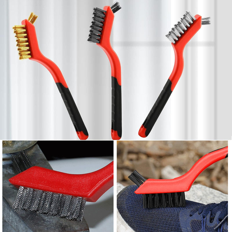 [Australia - AusPower] - Wire Brush 3Pcs Metal Scrubber - Nylon/Brass/Stainless Steel Bristles with Curved Handle Grip for Cleaning Rust Removal, Dirt, Paint Scrubbing with Deep Cleaning – 7 Inches 3 Pcs Red 