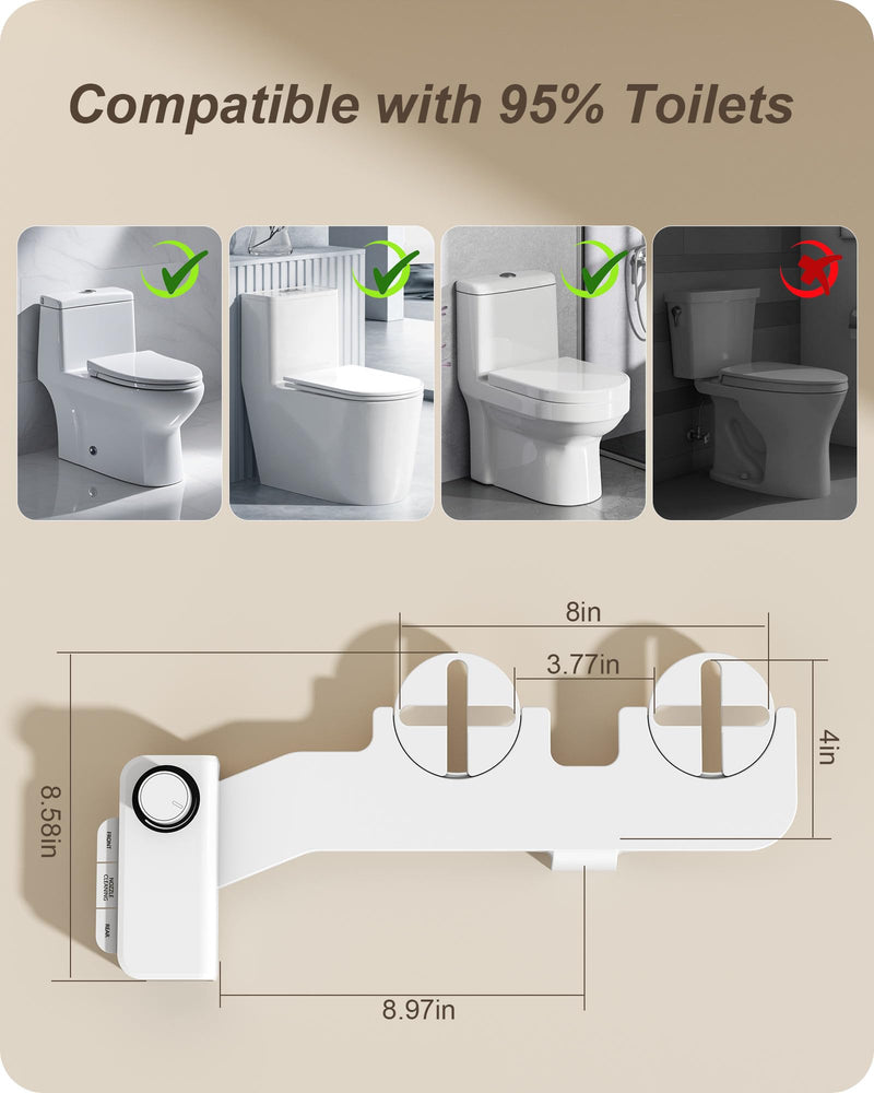Ultra-Slim Bidet Attachment for Toilet Dual Nozzles Feminine & Rear Wash Bidet Toilet Seat Attachment Non Electric Self Cleaning Adjustable Water Pressure, Rear Wash (KB001) KB001