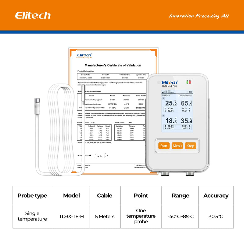 [Australia - AusPower] - Elitech RCW-360Plus-WG-DC 【One Temperature Probe】Probe Length: 5m(16.4ft). Measuring Range: -40~85℃(-40~185℉), Accuracy: ±0.5℃(0.9℉), TD3X-TE-H Separated Probe(1pcs) Single Temp Probe 1 
