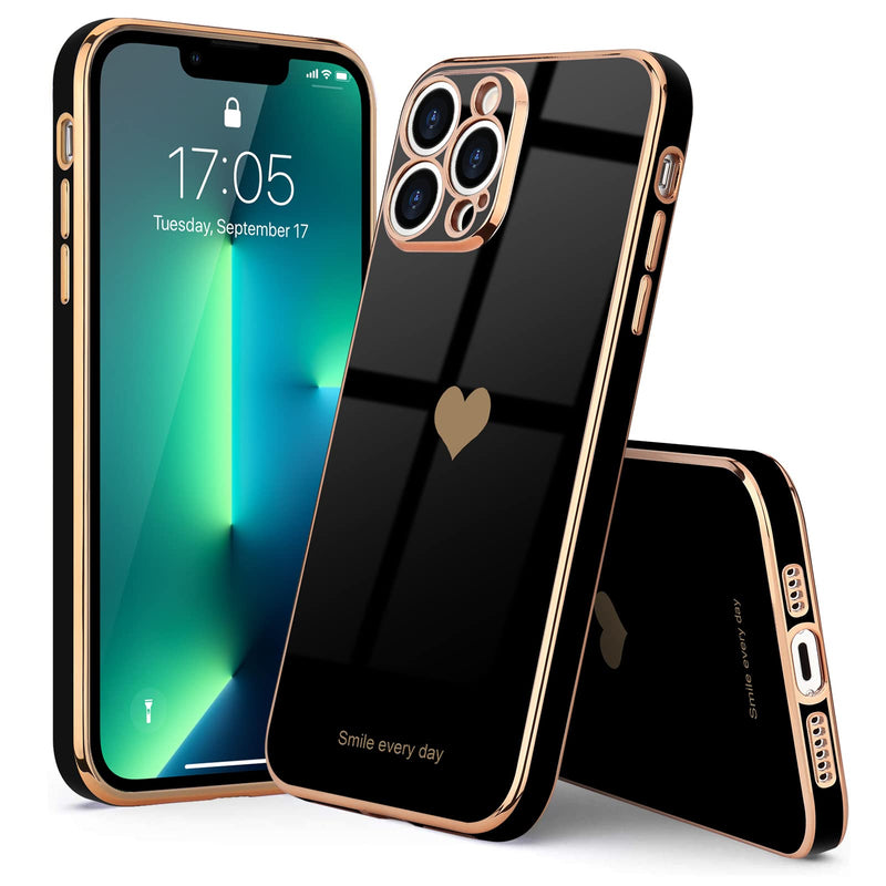 [Australia - AusPower] - Teageo for iPhone 13 Pro Case for Women Girl Cute Love-Heart Luxury Bling Plating Soft Back Cover Raised Full Camera Protection Bumper Silicone Shockproof Phone Case for iPhone 13 Pro, Black 