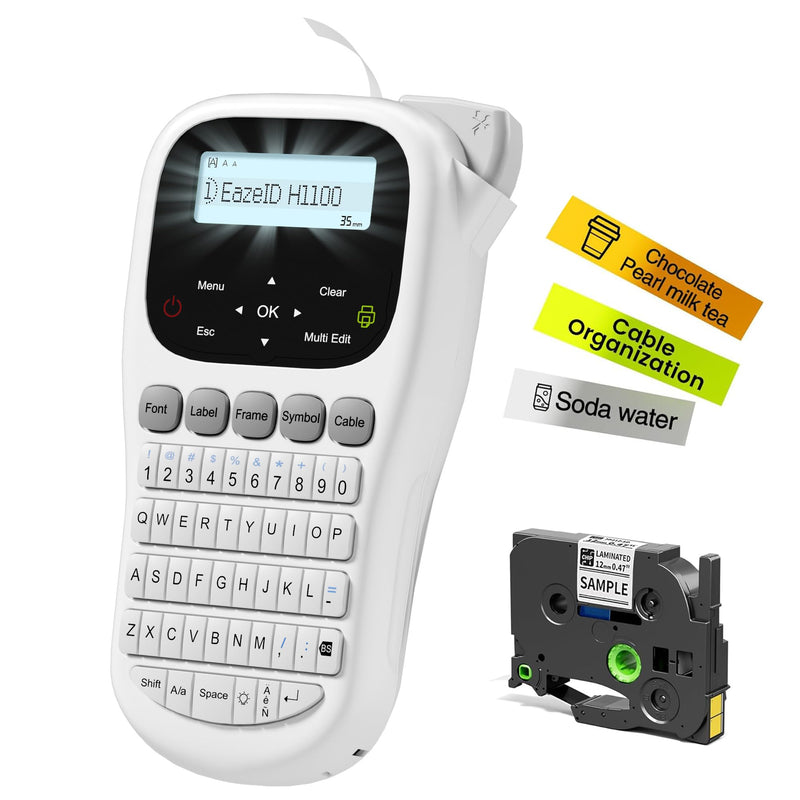 Label Maker Waterproof-Labels, Handheld Label Maker Machine with-Tape 12mm 0.47 Laminated White, Backlit Screen Multiple Fonts & Symbols, Portable Keyboard Labeler for Home Office School Use, H1100