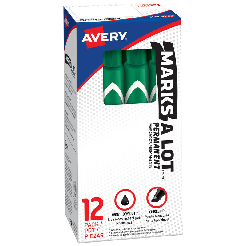 Avery Marks-A-Lot Permanent Markers, Large Desk-Style Size, Chisel Tip, Water and Wear Resistant, 12 Green Markers (08885)