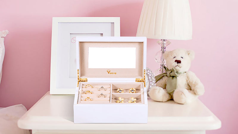 Voova 2-Layer Wooden Jewelry Box with Mirror, Grey Medium