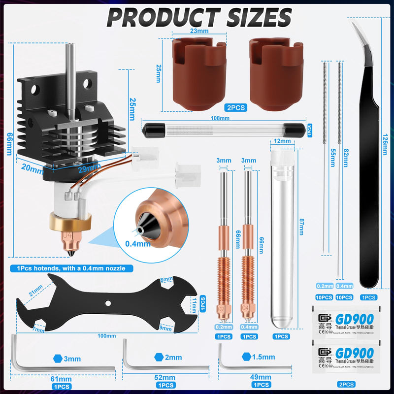 K1C Upgrade Ceramic Heating Block Hotend Kit, 0.2/0.4mm Quick Swap Nozzle Kit, with Silicone Cover, Cleaning Needles and Tools, 3D Printer Hotend 600mm/s High-Speed, Compatible with K1/K1 MAX/K1C K1C/3 V3/ 3V3 Plus Upgrade Nozzle Kits