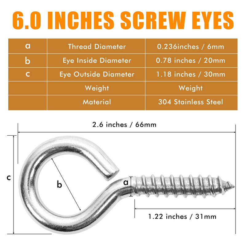 [Australia - AusPower] - 10PCS 2.5 inches Screw Eyes M6 304 Stainless Steel Eye Screws, Heavy Duty Screw, Eye Hooks Screw Eye Bolts Eye Hooks Screw, Indoor & Outdoor Uses (10, M6-2.5inch) 10 