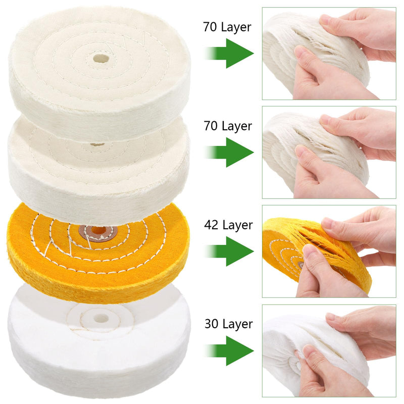 [Australia - AusPower] - Hedume 7 Pcs 6" Polishing Wheels Kit for Bench Grinder, 1/2" Arbor Hole 2 White Cotton Polish Wheel(70Ply), 1 Yellow Cotton Wheel(42Ply), 1 Soft Flannel Buffing Wheel(30Ply), 3 Polishing Compound Set 
