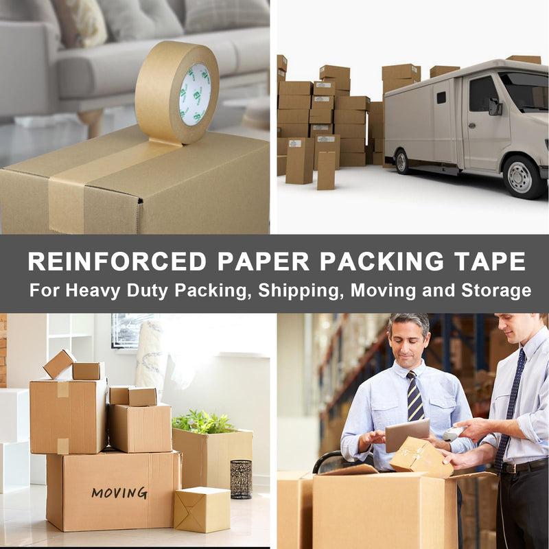 BOMEI PACK Reinforced Paper Packing Tape 2inch, Biodegradable Self Adhesive Gummed Kraft Paper Shipping Tape, for Heavy Duty Packing, Shipping, Moving and Storage, 2Rolls x 50yds