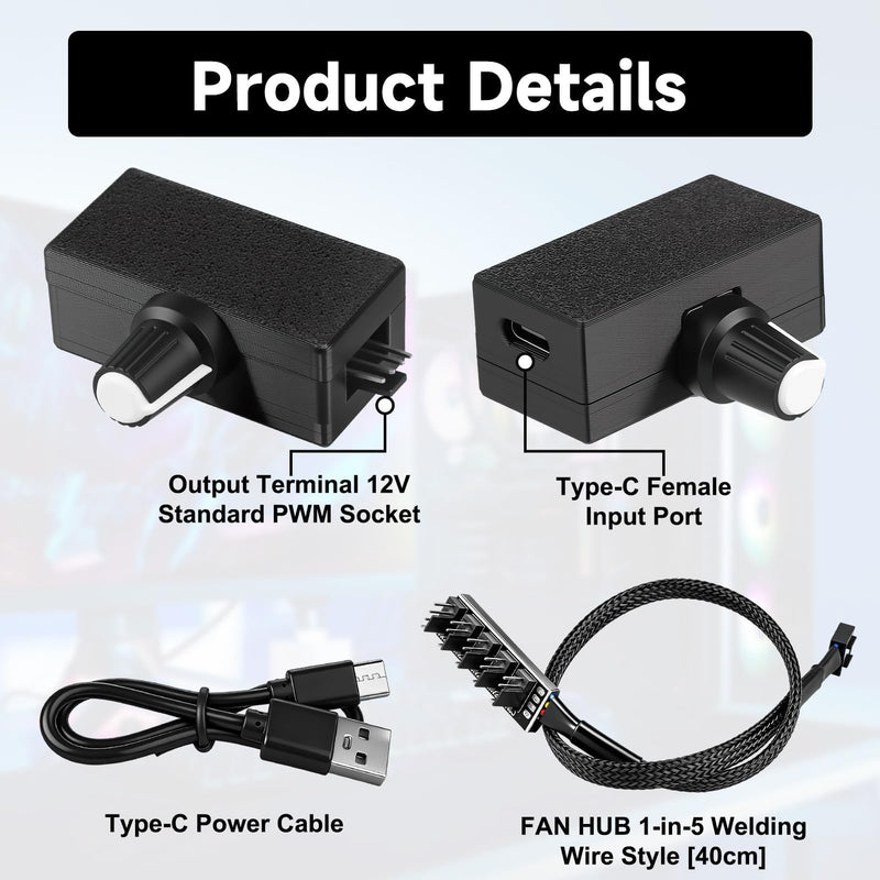 PWM Speed Controller, PWM Fan Controller with 4 Pin 5-Way Fan Hub | PWM controller 0.5A 12V with USB C power cable for DIY water cooling, cooler